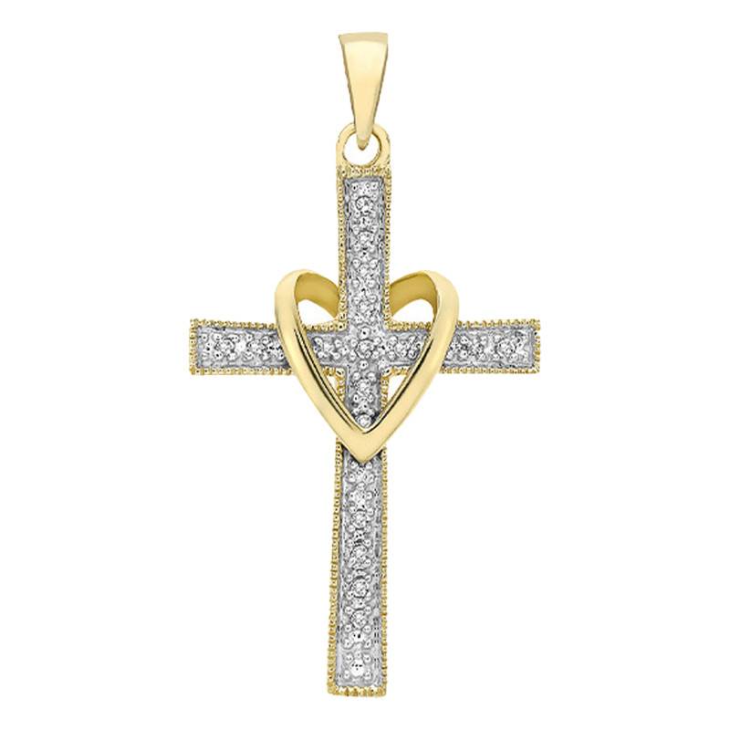 375/1000 Yellow Gold & Diamond Cross & Heart Pendant, 0.05 ct, 16 x 30 mm - Emanessence