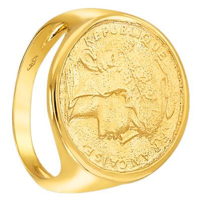 750/1000 Yellow Gold Marianne Coq 10 Francs Replica Coin Signet Ring - Imperium