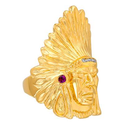 Chevalière Tête d'Indien en Or Jaune 375, Diamants & Rubis - Imperium