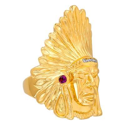 Chevalière Tête d'Indien en Or Jaune 750, Diamants & Rubis - Imperium