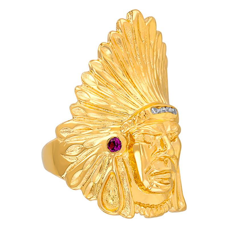 750/1000 Yellow Gold, Diamond & Ruby Native American Head Signet Ring - Imperium