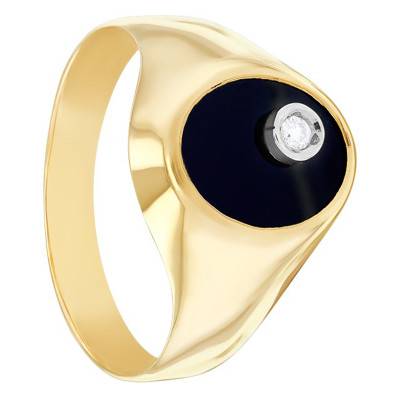 750/1000 Yellow Gold Hollow Oval Onyx & Diamond Signet Ring, 8 x 10 mm - Imperium