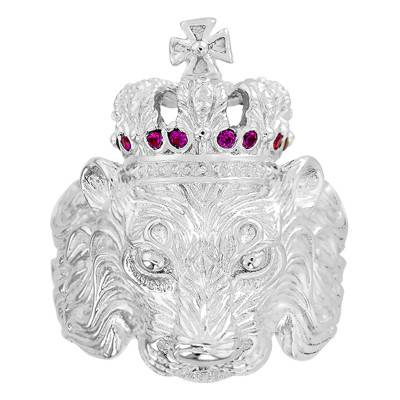 Chevalière Lion avec Couronne en Or Blanc 375 et Rubis - Imperium