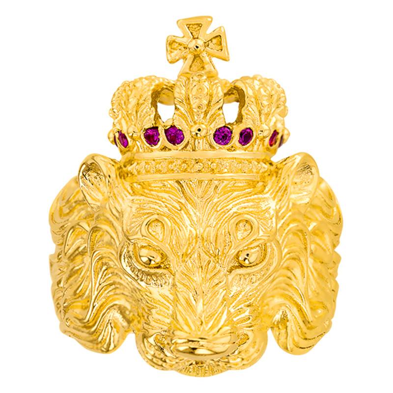 750/1000 Yellow Gold Lion Crown Signet Ring & Rubies - Imperium