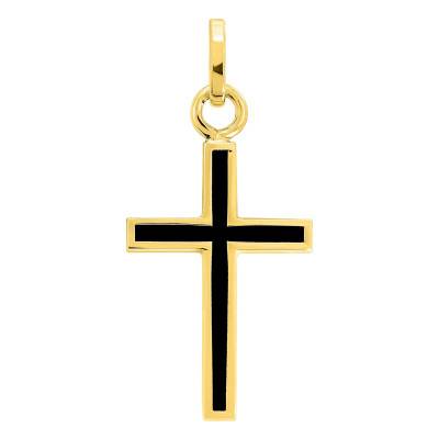 Pendentif Croix Laque Noire en Or Jaune 375 ou 750, Dimension 12 x 18 mm - Emanessence