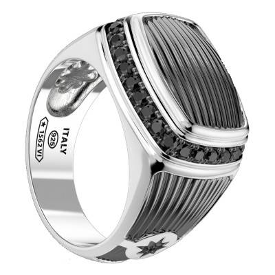 Chevalière Cosmopolite Signet, Spinelles Noires & Argent EXA088 - Zancan
