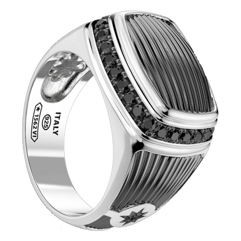 925 Silver & Black Spinels Cosmopolite Signet Ring - EXA088 - Zancan
