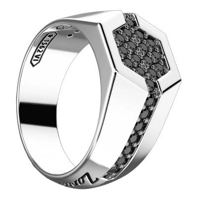 Chevalière Cosmopolitan Hexagonale Pierres Noires & Argent ESA024 - Zancan