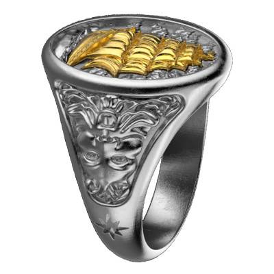 Odissea Sailboat Motif Ring in 925 Silver with Gold - EXA226 - Zancan