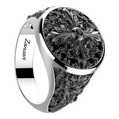 925 Rhodium-Plated Silver Black Spinels Gotik Floral Signet Ring - 925 EXA148 - Zancan