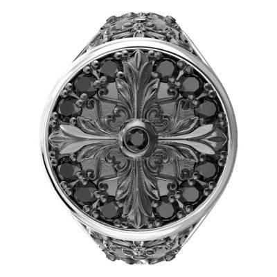 925 Rhodium-Plated Silver Black Spinels Gotik Floral Signet Ring - 925 EXA148 - Zancan