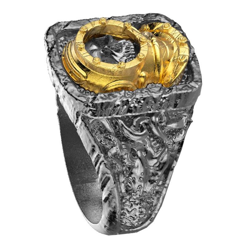 Odissea Diving Helmet Motif Ring in 925 Silver with Gold - EXA228 - Zancan
