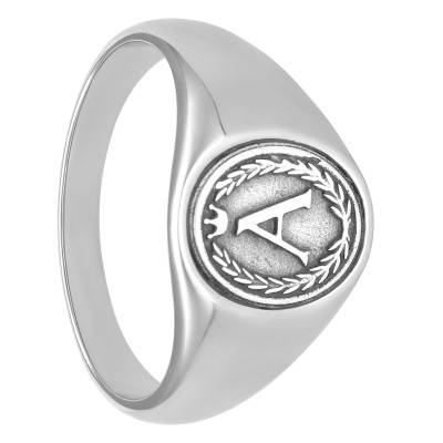 Oval Initial 925 Sterling Silver & Steel Signet Ring - Thomas V