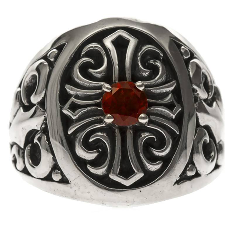 925 Silver & Red Stone Cross Signet Ring - Orus Bijoux