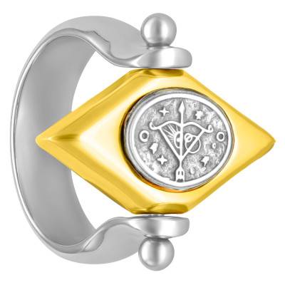 Steel and Gold-Plated 925 Silver Zodiac Eye Signet Ring - Thomas V