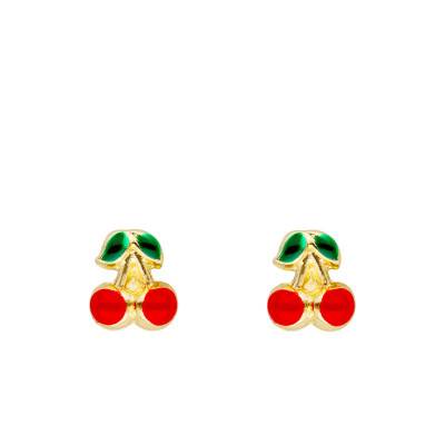 750/1000 Yellow Gold & Enamel Cherry Stud Earrings - Bambins
