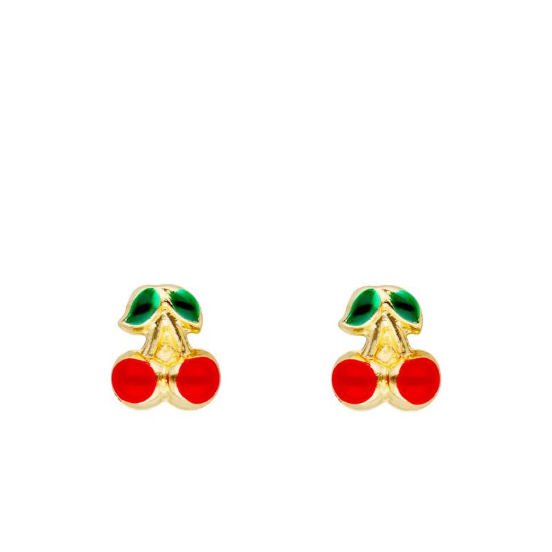 750/1000 Yellow Gold & Enamel Cherry Stud Earrings - Bambins