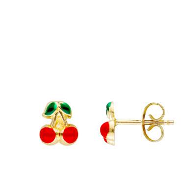 750/1000 Yellow Gold & Enamel Cherry Stud Earrings - Bambins