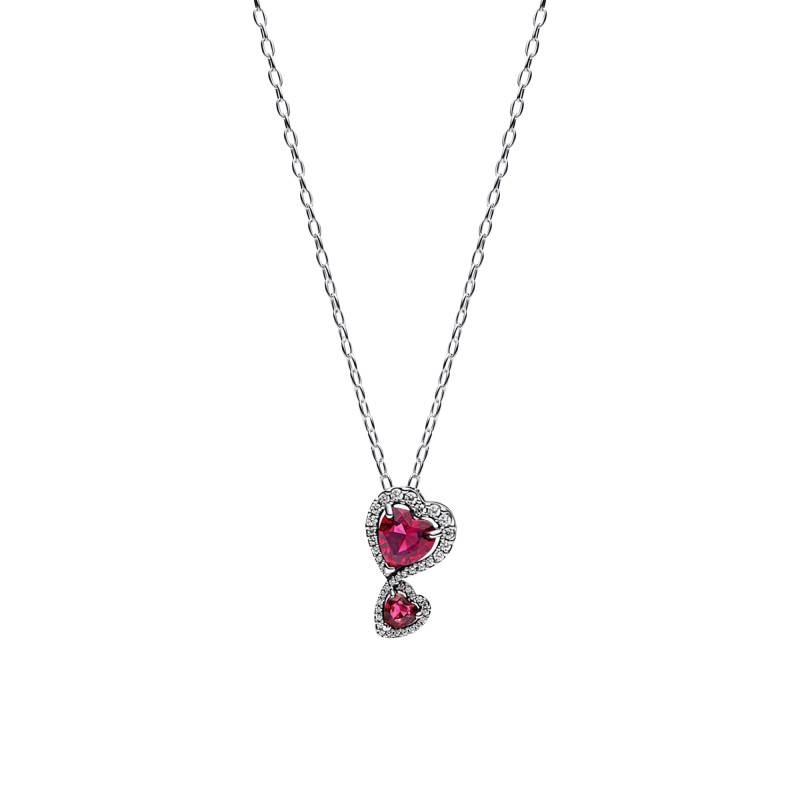 925 Silver Red Halo Hearts Necklace, Adjustable Length 60 cm - Pandora