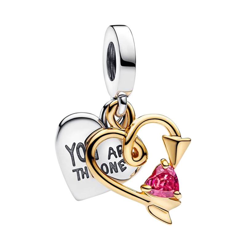925 Silver & Gold-Tone Metal Engravable Double Heart and Arrow Pendant Charm - Pandora
