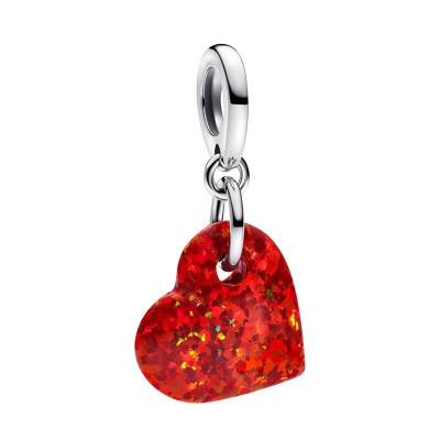 Charm Pendant Coeur Opalescent en Argent 925 & Opale Rouge - Pandora