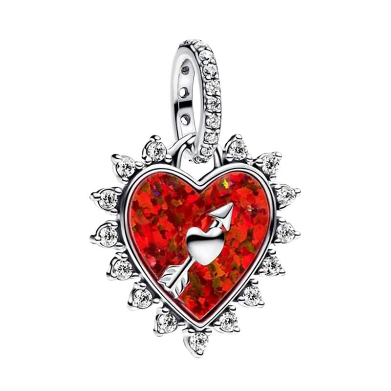 925 Silver & Red Opal Pivoting Arrow Heart Pendant Charm - Pandora