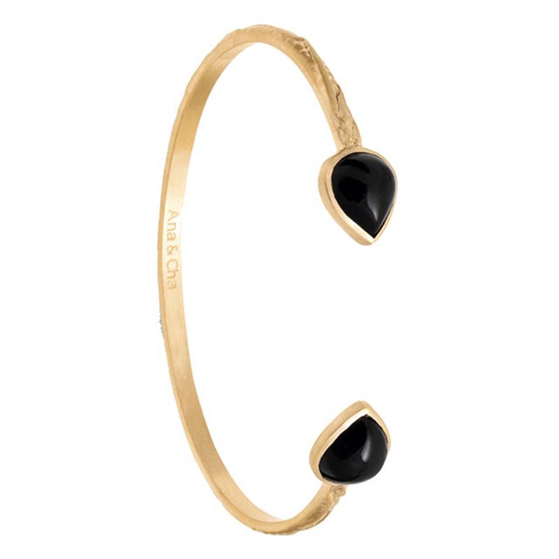 Isaure Yellow Gold-Plated & Black Agate Open Bangle, 58 mm Diameter - Ana & Cha