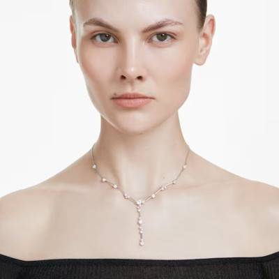 Constella Y Rhodium-Plated Metal Necklace with White Crystals & Pearls, Length 38 cm to 48 cm - 5711830 - Swarovski