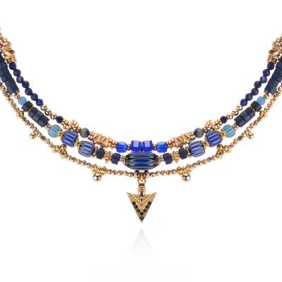 Collier Trion Triple Rang Doré & Pierres et Perles Bleues, Longueur de 40 cm à 45 cm - Hipanema