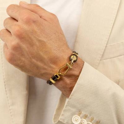 Bracelet Ares Prime Cuir Marron & Acier Doré, Longueur 19 cm - 1580700M - Boss