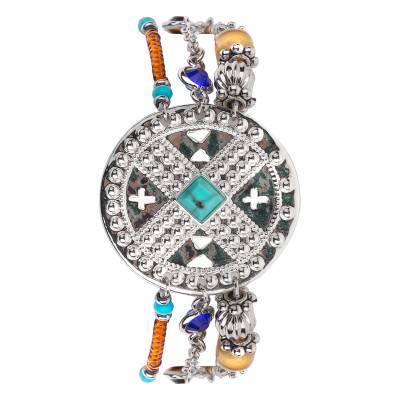 Hezou Multi-Link Silver-Plated Cuff & Multicolor Beads and Stones, Length 16 cm to 18 cm - Hipanema