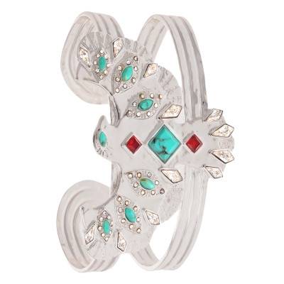 Timor Silver & Turquoise Color Stones and Rhinestones Adjustable Cuff Bracelet - Hipanema