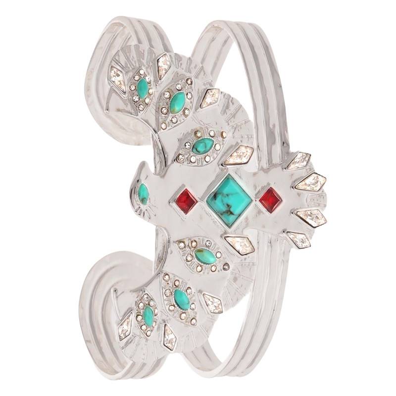 Timor Silver & Turquoise Color Stones and Rhinestones Adjustable Cuff Bracelet - Hipanema