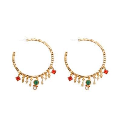 Abril Gold & Rhinestones and Malachite Imitations Hoop Earrings - Hipanema