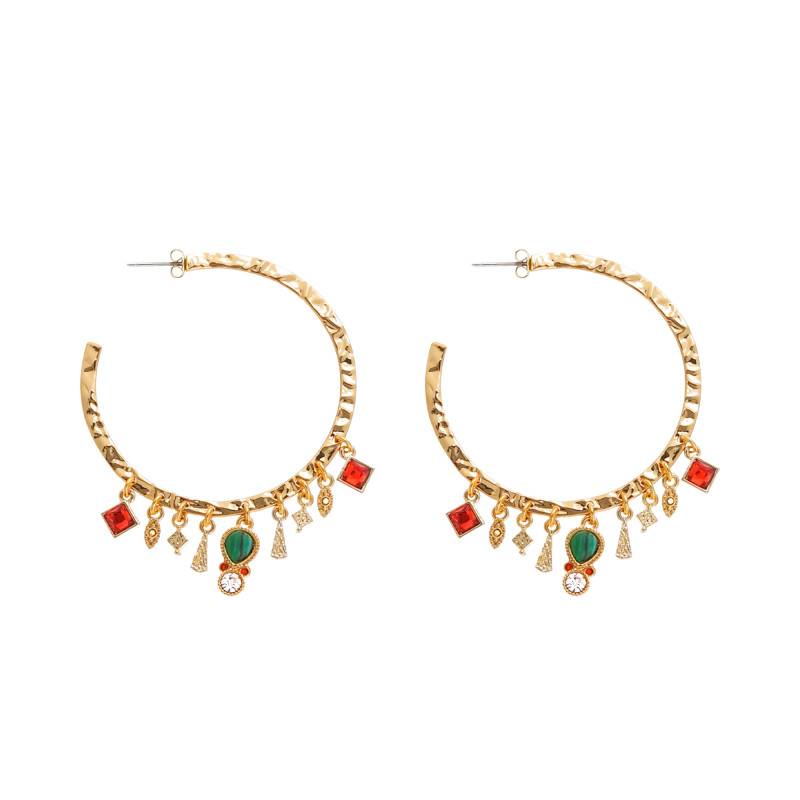 Abril Gold & Rhinestones and Malachite Imitations Hoop Earrings - Hipanema