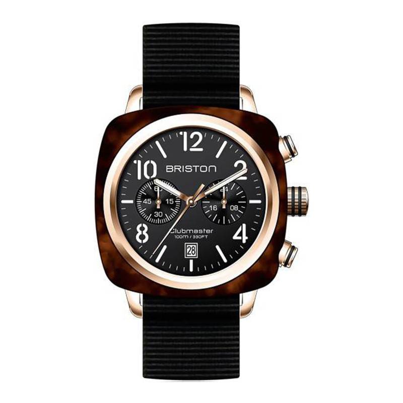Briston Clubmaster Chrono Date Light Tortoiseshell Acetate Rose Gold PVD Watch Black Dial - Briston