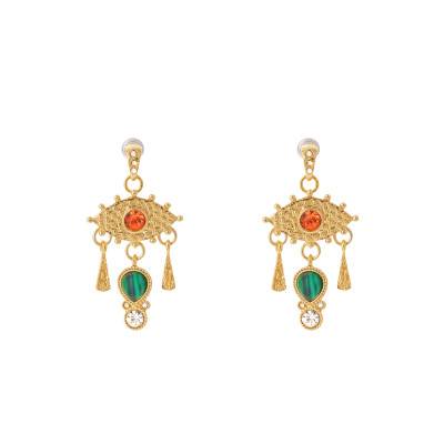 Boucles d'oreilles Syracuz Dorées, Imitations Malachite & Strass - Hipanema