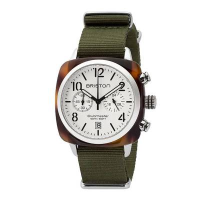 Clubmaster Chrono Date Tortoiseshell Acetate Watch, White Dial, Military Green Strap - Briston