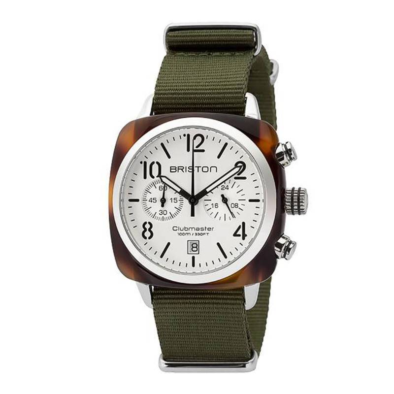 Clubmaster Chrono Date Tortoiseshell Acetate Watch, White Dial, Military Green Strap - Briston