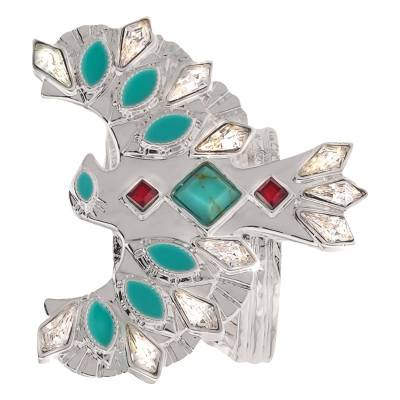 Bague Ouverte Mangrov Argentée, Imitations Turquoise & Strass - Hipanema
