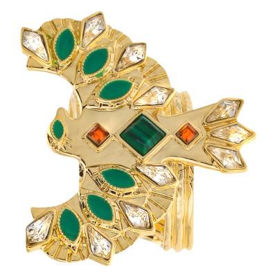 Bague Ouverte Mangrov Dorée, Imitations Malachite & Strass - Hipanema
