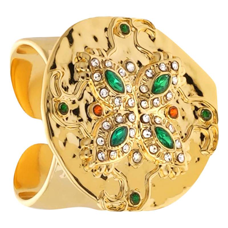 Bague Ouverte Garcia Dorée, Imitations Malachite & Strass - Hipanema