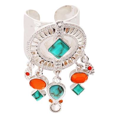 Bague Ouverte Carnabal Argentée, Imitations Turquoise & Strass - Hipanema