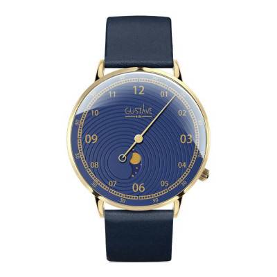 Montre 40 mm Mono Aiguille Phase de Lune Bleu / PVD Gold / Cuir Bleu - Gustave & Cie