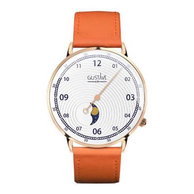 Montre 36 mm Mono Aiguille Phase de Lune Blanc / PVD Rose / Cuir Orange - Gustave & Cie