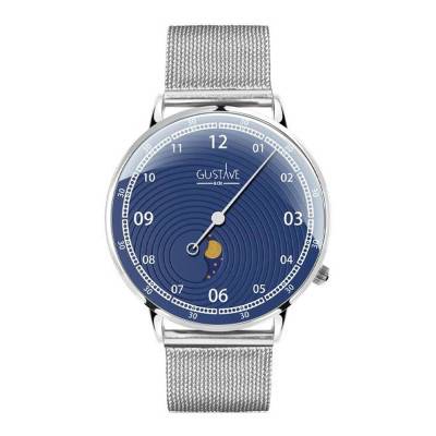 Montre 40 mm Mono Aiguille Phase de Lune Bleu / Silver / Milanaise Silver - Gustave & Cie