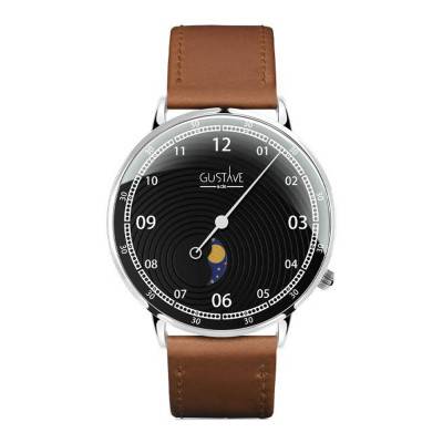 Montre 12H Georges Argent & Noir - Bracelet Cuir Marron Surpiqures - Gustave & Cie