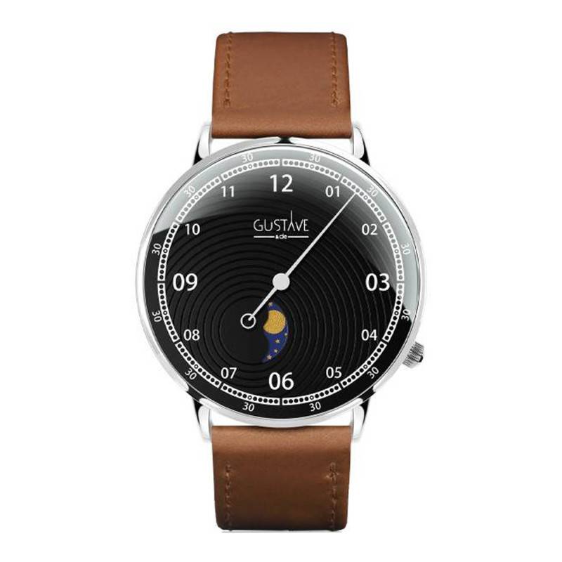 Silver & Black 12H Georges Watch Brown Havana Stitched Leather 40mm - Gustave & Cie