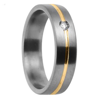 Alliance Ruban Confort Cottos en Titanium et Or Jaune 750 Rainurée & Diamant, Largeur 6 mm - Aurodesign