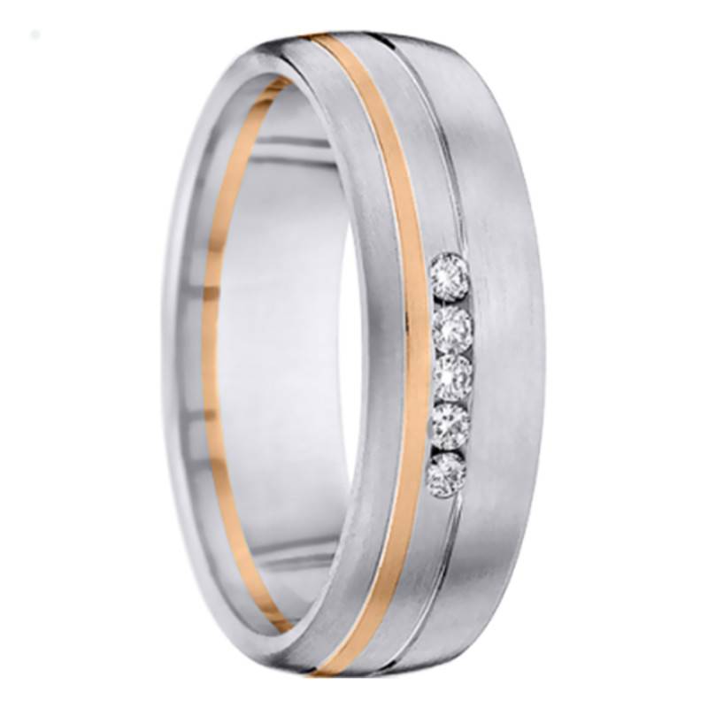 Palladium & Rose Gold Half-Dome Comfort Céléno Wedding Ring & Diamonds, Width 6 mm - Aurodesign